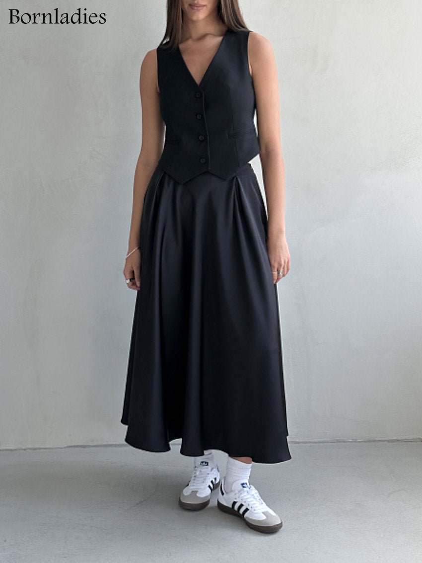 best Bornladies Elegant Satin Loose Women Skirt 2023 High Waist Maxi Skirts Streetwear Classic Long Skirt Fashion Female Black Skirt 0 shop online at M2K Trends for