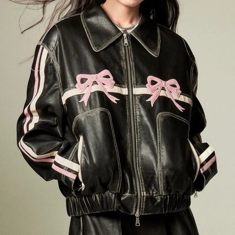 best Bow Y2k Motorcycle PU Leather Jacket Female Autumn Fashion Zipper Polo-neck Sweet Cool Personal Street Vintage Oversize Coat Top Leather Jacket shop online at M2K Trends for