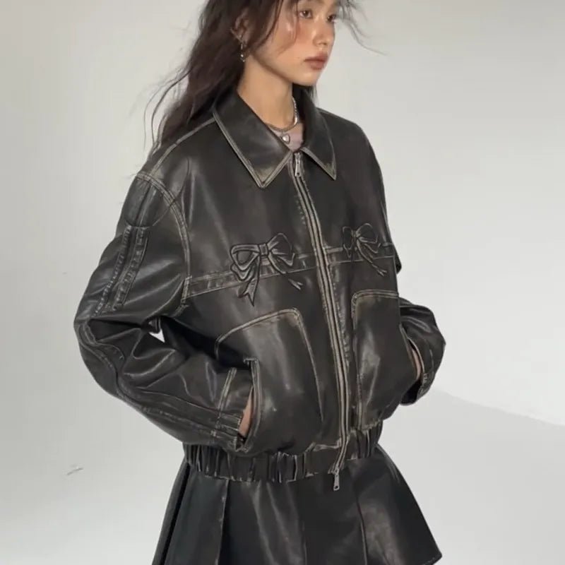 best Bow Y2k Motorcycle PU Leather Jacket Female Autumn Fashion Zipper Polo-neck Sweet Cool Personal Street Vintage Oversize Coat Top Leather Jacket shop online at M2K Trends for