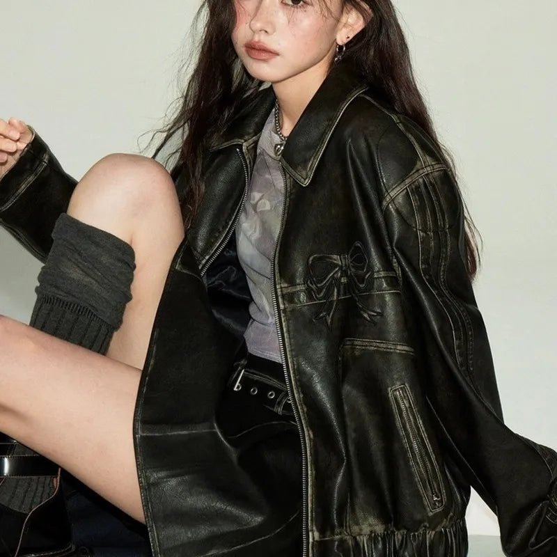 best Bow Y2k Motorcycle PU Leather Jacket Female Autumn Fashion Zipper Polo-neck Sweet Cool Personal Street Vintage Oversize Coat Top Leather Jacket shop online at M2K Trends for