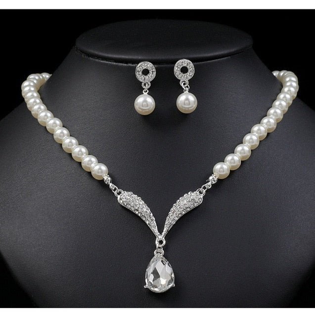 best CANPEL Fashion Imitation Pearl Wedding Necklace Earring Sets Bridal For Women Elegant Rhinestone Jewelry Sets Party Gift Accessories shop online at M2K Trends for