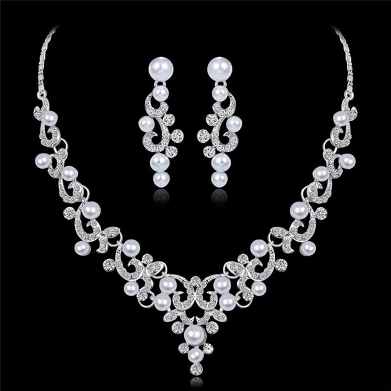 best CANPEL Fashion Imitation Pearl Wedding Necklace Earring Sets Bridal For Women Elegant Rhinestone Jewelry Sets Party Gift Accessories shop online at M2K Trends for