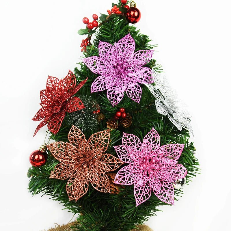 best cheap 5pcs Glitter Artificial Christmas Flowers Christmas Tree Decoration For Home Fake Flowers Xmas Ornament New Year Party Decor shop online at M2K Trends for