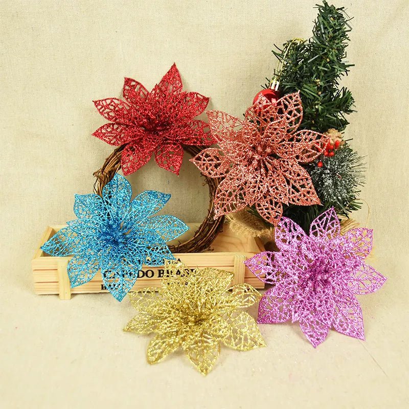 best cheap 5pcs Glitter Artificial Christmas Flowers Christmas Tree Decoration For Home Fake Flowers Xmas Ornament New Year Party Decor shop online at M2K Trends for