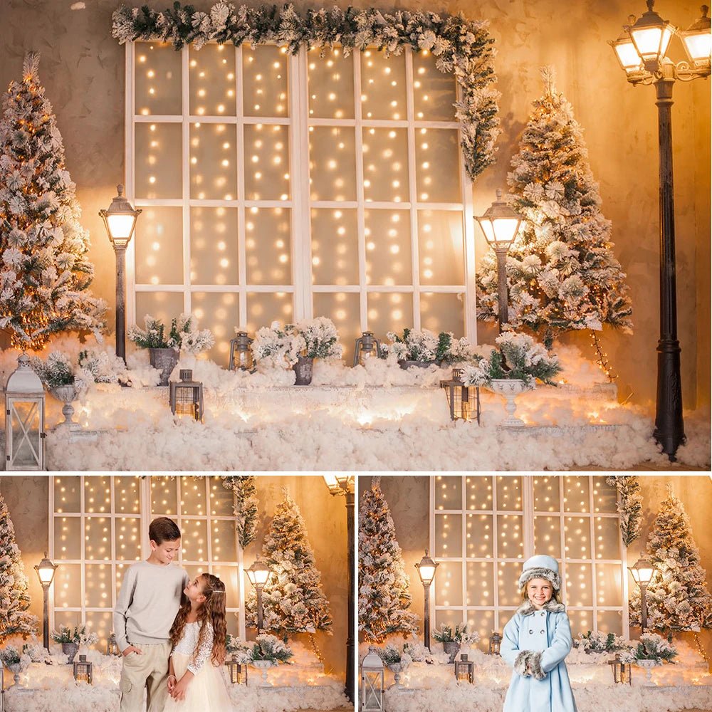 best cheap Christmas Backdrop Warm Street Light Decorative window White Snowfield Christmas tree Photography Background For Photo Studio shop online at M2K Trends for