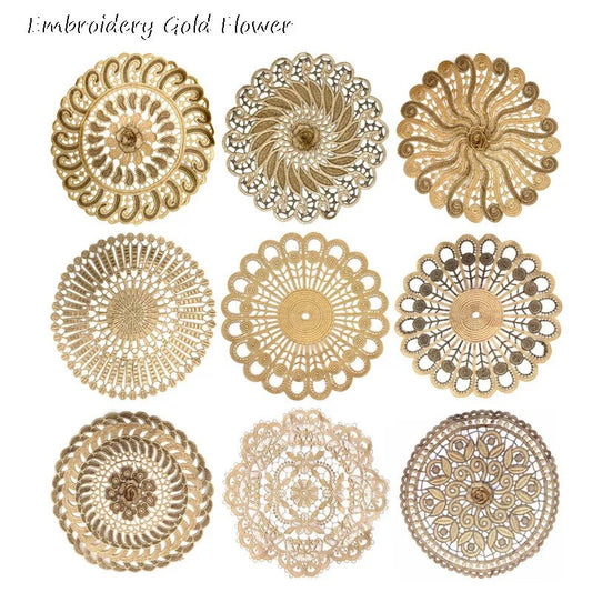 best cheap NEW Gold 3D Round Embroidery table place mat Christmas flower pad Cloth placemat cup wedding Coffee tea coaster doily kitchen shop online at M2K Trends for