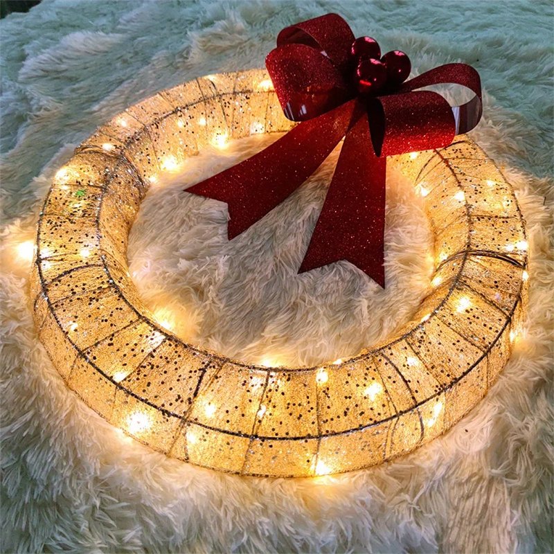 best Christmas Garland 50CM Luminous LED Warm Light Metal Luminous Wreath With Big Bowknot Christmas Front Door Home Holiday Party Door Hanging Decor 0 shop online at M2K Trends for