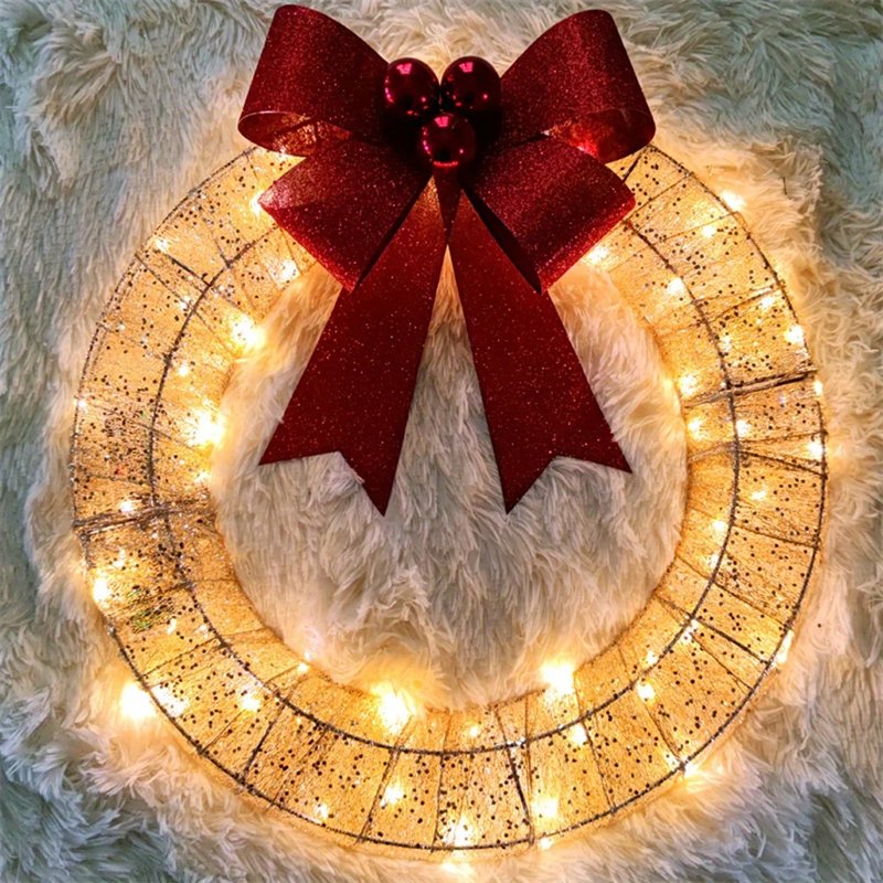 best Christmas Garland 50CM Luminous LED Warm Light Metal Luminous Wreath With Big Bowknot Christmas Front Door Home Holiday Party Door Hanging Decor 0 shop online at M2K Trends for