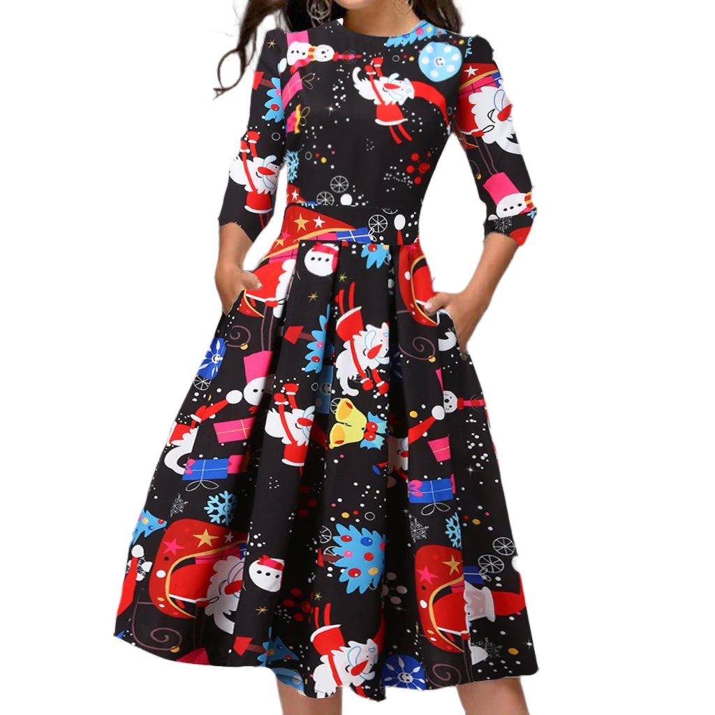 best Christmas Print Slim Round Neck Dress dress shop online at M2K Trends for women dress