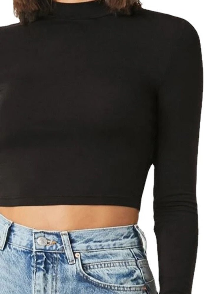 best CHRLEISURE Women Sexy Cropped Tops O Neck Long Sleeve Shirt Black Casual Skinny Slim Basic Woman Fashion T Shirts Ladies 0 shop online at M2K Trends for