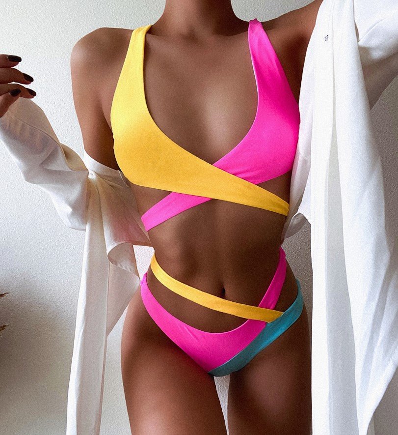 best Color Ladies Split Bikini Set Cross Adjustable Strap Swimsuit Stitching Swimwear High Waist Wsummer Bikini Set Clothing shop online at M2K Trends for swim suit