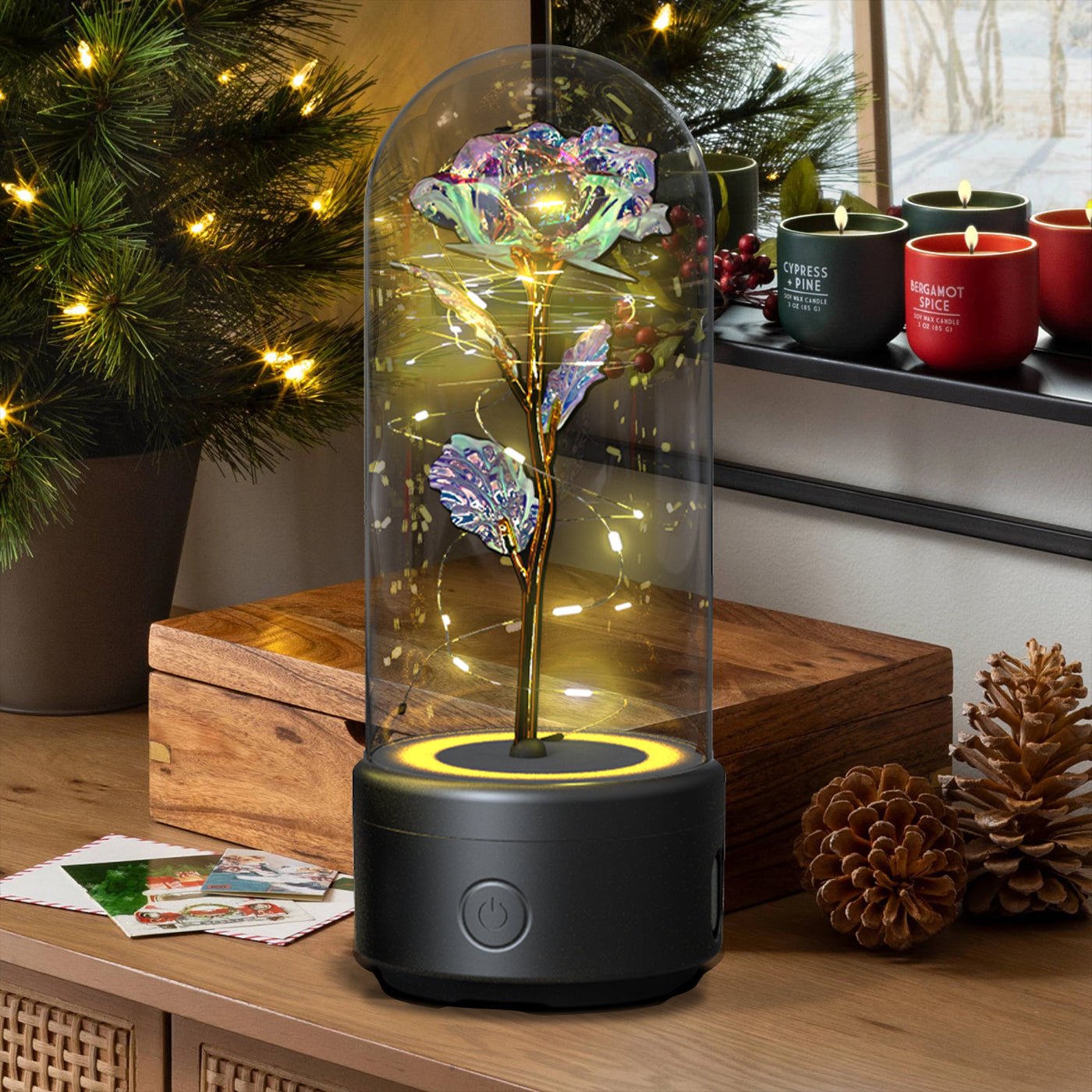 best Creative 2 In 1 Rose Flowers LED Light And Bluetooth Speaker Valentine's Day Gift Rose Luminous Night Light Ornament In Glass Cover valentine lights shop online at M2K Trends for valentines