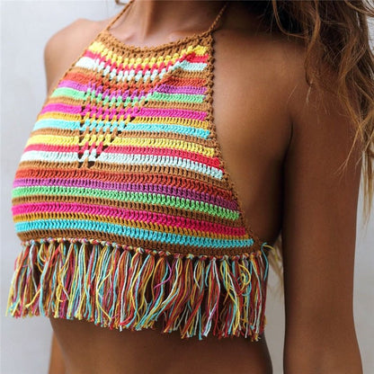 best Crochet Colours Stripes Bikini Top Beach Women Tassel Swimwear Top 0 shop online at M2K Trends for