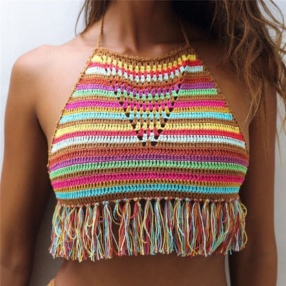 best Crochet Colours Stripes Bikini Top Beach Women Tassel Swimwear Top 0 shop online at M2K Trends for