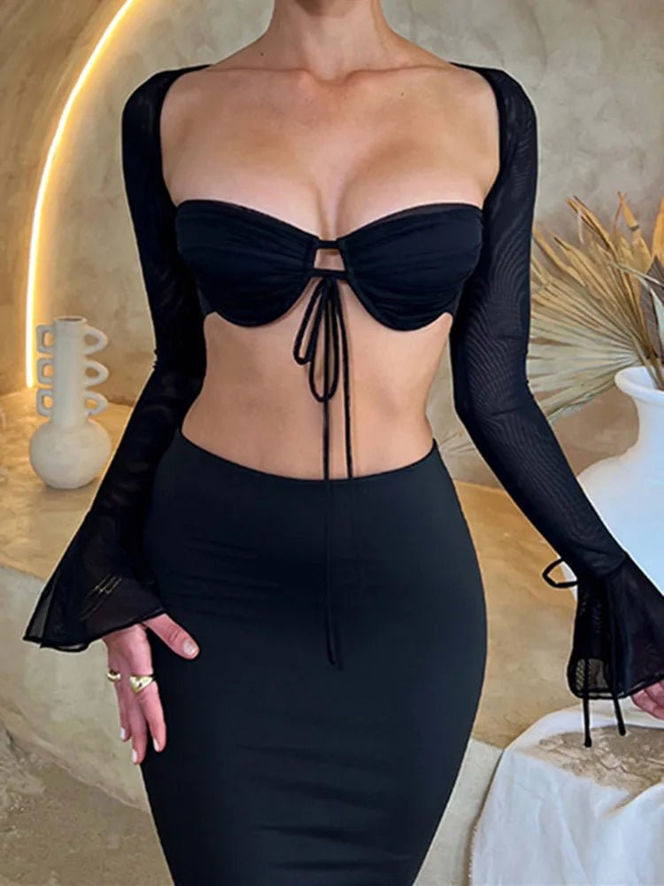 best Cryptographic Mesh Sheer Ruched Sexy Two Piece Sets Elegant Outfits for Women Club Party Flare Sleeve Tie Front Top Dress Sets shop online at M2K Trends for