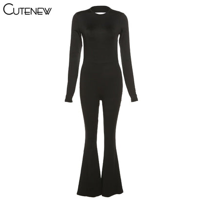 best Cutenew Solid Black Sexy Backless Bodycon Wide Leg Jumpsuit Women Autumn Casual Slim Long Sleeve O-Neck Playsuit Lady Streetwear 0 shop online at M2K Trends for