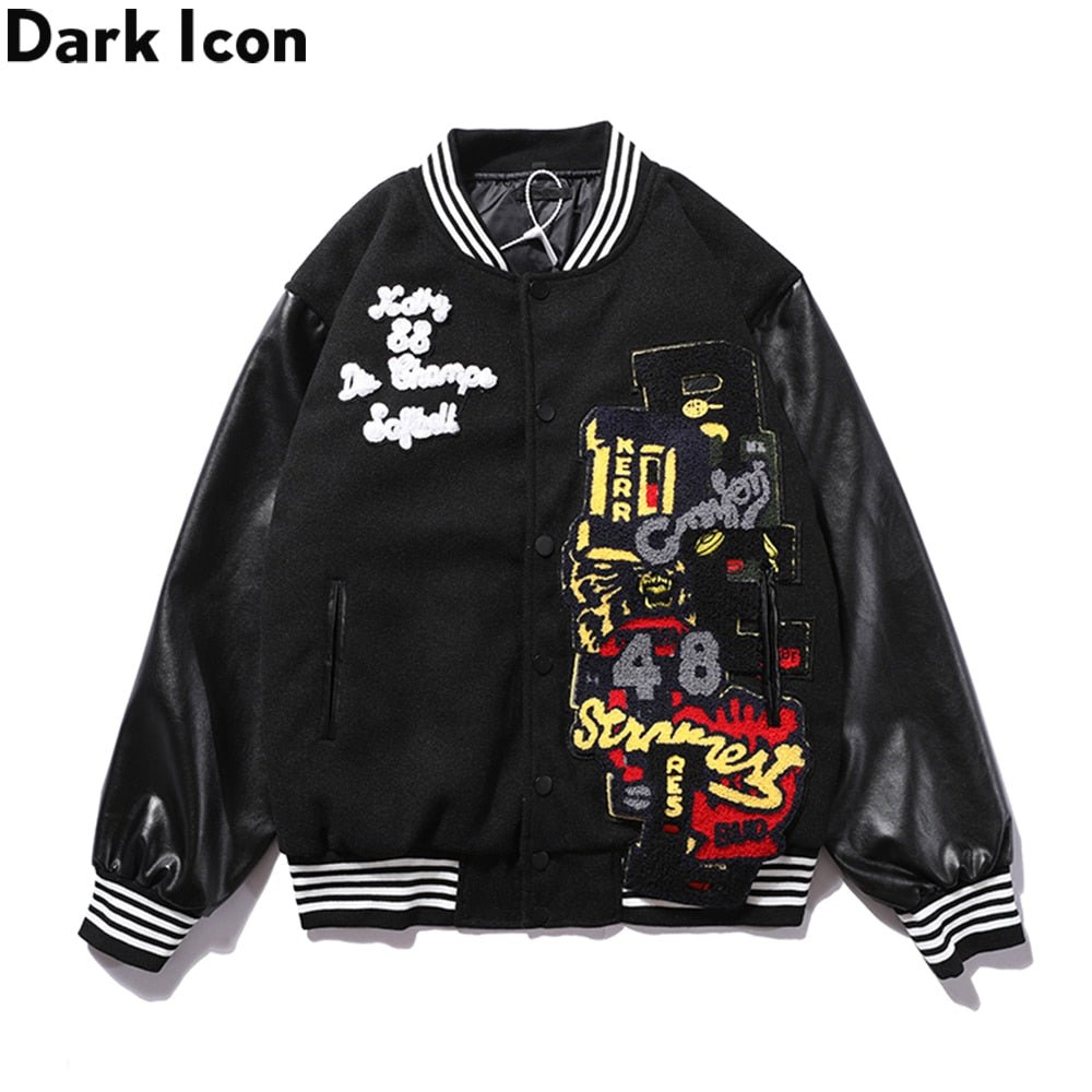 best Dark Icon PU Leather Patchwork Bomber Jacket Embroidery Padded Thick Winter Men's Jackets Baseball Jacket Man 0 shop online at M2K Trends for