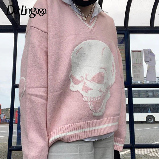 best Darlingaga Gothic Skull Print Autumn Winter Woman Sweaters Y2K Fashion Loose Pullover Harajuku Knitted Sweater Ladies Pull Femme shop online at M2K Trends for
