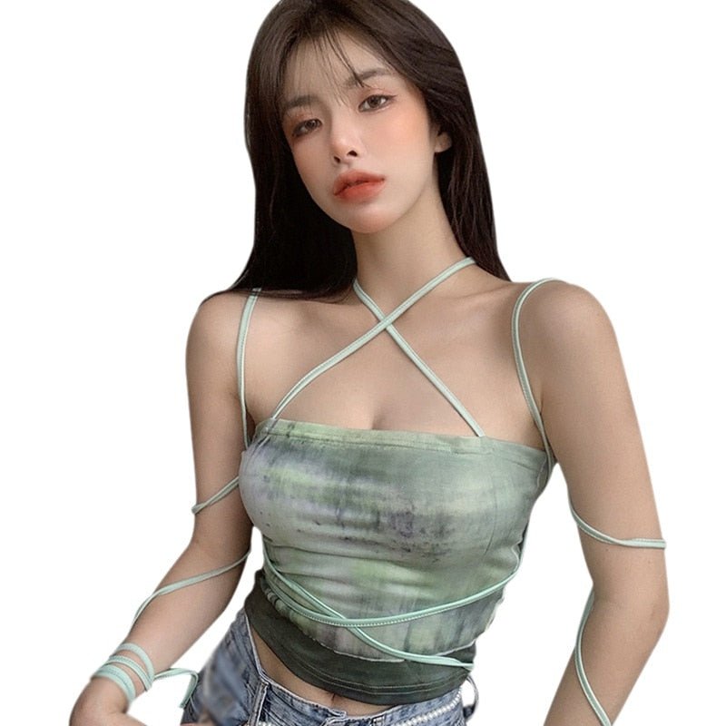 best DAXIN Women Summer Tie Dye Camis Sexy Bandage Halter Vest Slim Navel Exposed Camis Tank Tops Female Crop Top Ladies Shirt 0 shop online at M2K Trends for