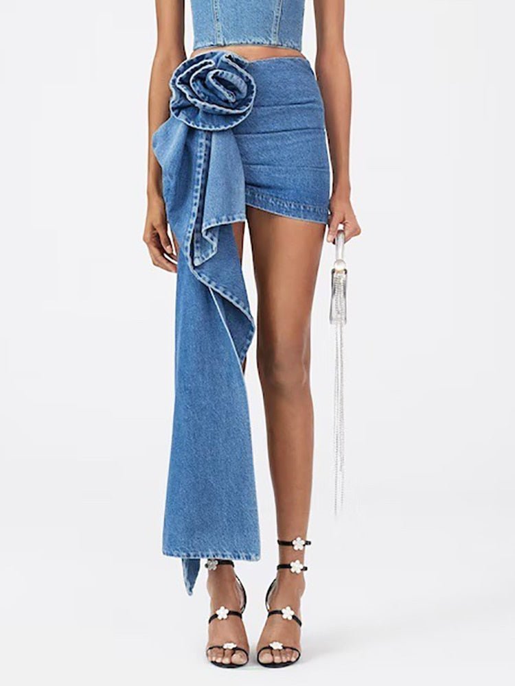 best DEAT Fashion Women's Skirt High Waist Three-dimensional Rose Flower Asymmetric Blue Denim Short Skirts Summer 2023 New 17A8357 0 shop online at M2K Trends for