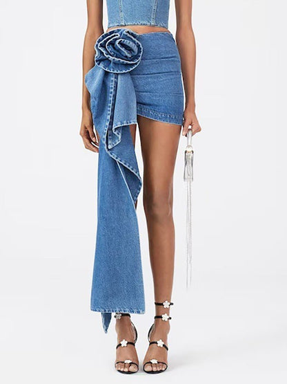 best DEAT Fashion Women's Skirt High Waist Three-dimensional Rose Flower Asymmetric Blue Denim Short Skirts Summer 2023 New 17A8357 0 shop online at M2K Trends for