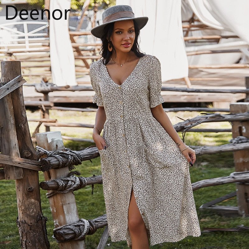 best Deenor Women Summer Beach Chiffon Dress Casual Short Sleeve Polka Dot Dress Boho Party Dress Elegant V Neck Sundress Vestidos 0 shop online at M2K Trends for