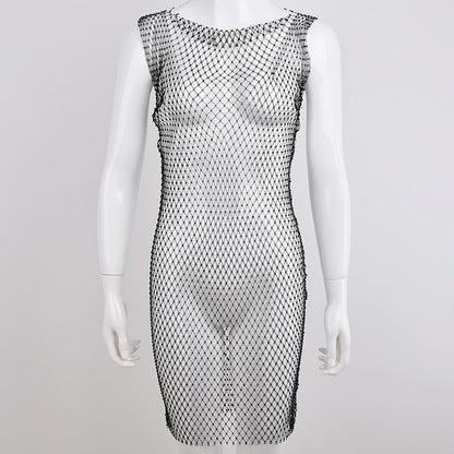 best Mesh Dress Women Hollow Out Rhinestone Sleeveless Party Mini Bodycon Dress Summer Fishnet Dresses 0 shop online at M2K Trends for