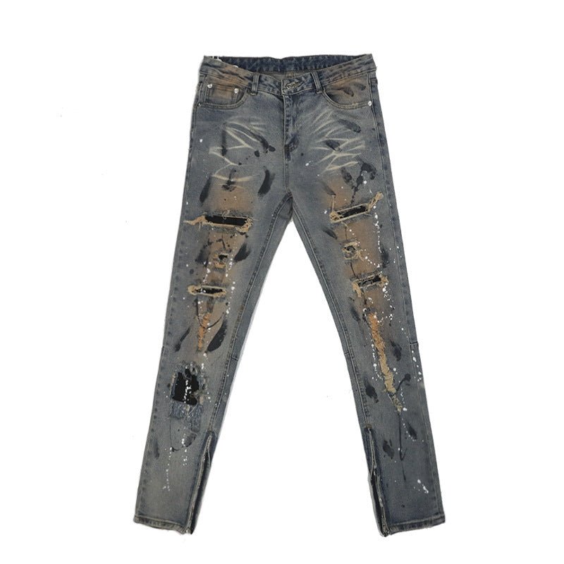 best Distressed And Ink-sprayed Small-footed Jeans With Ripped Patches 0 shop online at M2K Trends for