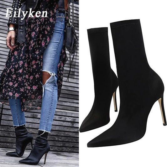 best Eilyken 2023 New Autumn Winter Fashion Stretch Fabric Ankle Boots Women Pointed Toe High Heels Shoes Female Socks Pumps 0 shop online at M2K Trends for