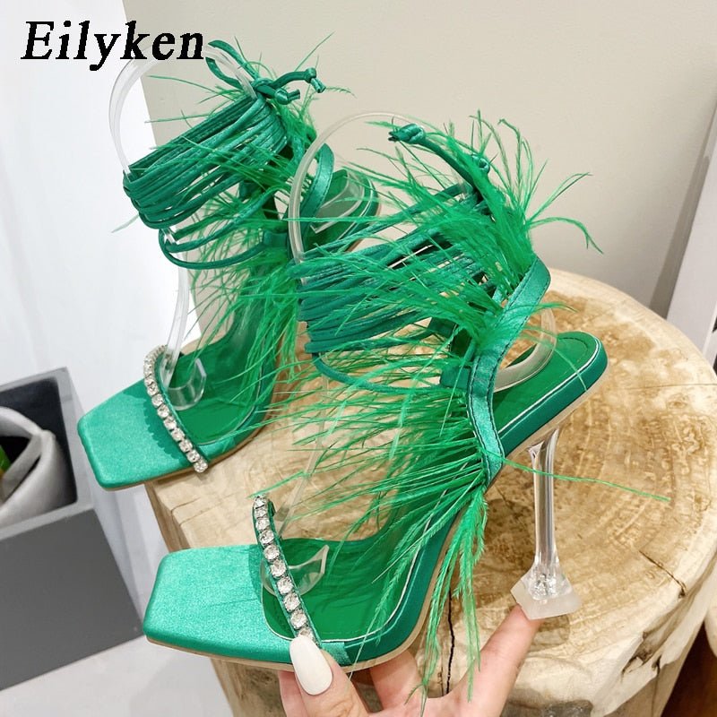 best Eilyken Fashion Summer Rhinestone Feather Women Sandals Lace-up Cross-Tied Sexy Gladiator Square Toe Ladies High Heel Shoes 0 shop online at M2K Trends for