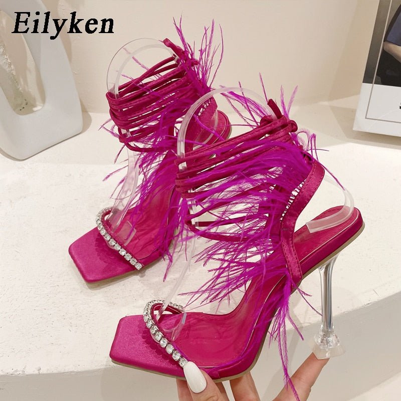 best Eilyken Fashion Summer Rhinestone Feather Women Sandals Lace-up Cross-Tied Sexy Gladiator Square Toe Ladies High Heel Shoes 0 shop online at M2K Trends for