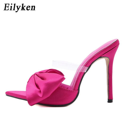 best Eilyken Silk Butterfly-knot Slippers Mule High Heels Women Sandals Flip Flops Pointed toe Strappy Slides Party Shoes 0 shop online at M2K Trends for