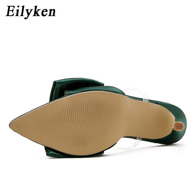 best Eilyken Silk Butterfly-knot Slippers Mule High Heels Women Sandals Flip Flops Pointed toe Strappy Slides Party Shoes 0 shop online at M2K Trends for