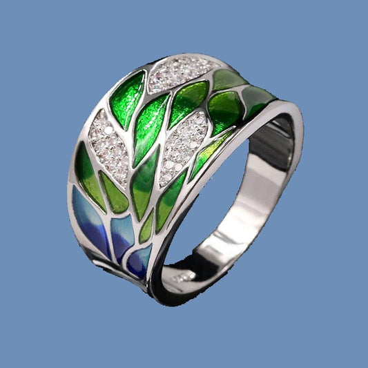 best Elegant Bohemian Style 925 Silver Green Leaf Enamel Ladies Ring Zircon Inlaid Wedding Ring Fashion Jewelry Flower Ring for Women Rings shop online at M2K Trends for