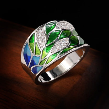 best Elegant Bohemian Style 925 Silver Green Leaf Enamel Ladies Ring Zircon Inlaid Wedding Ring Fashion Jewelry Flower Ring for Women Rings shop online at M2K Trends for