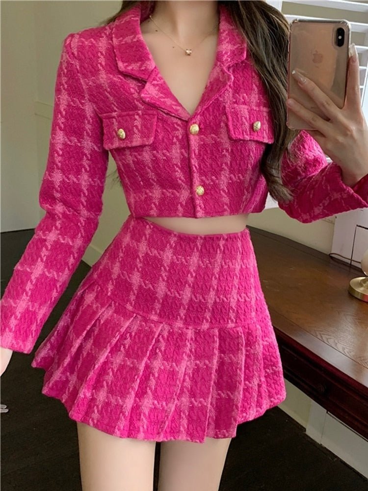 best Fall Small Fragrance Vintage Tweed Two Piece Set Women Crop Top Woolen Short Jacket Coat + Mini Skirts Sets Sweet 2 Piece Suits 0 shop online at M2K Trends for