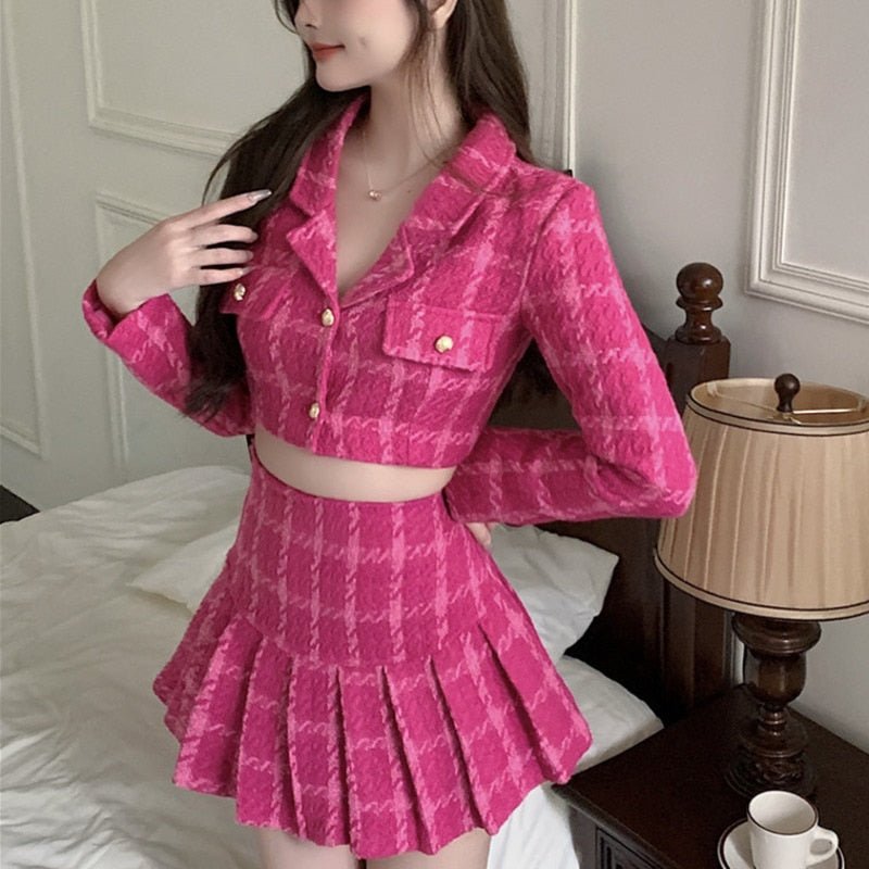 best Fall Small Fragrance Vintage Tweed Two Piece Set Women Crop Top Woolen Short Jacket Coat + Mini Skirts Sets Sweet 2 Piece Suits 0 shop online at M2K Trends for
