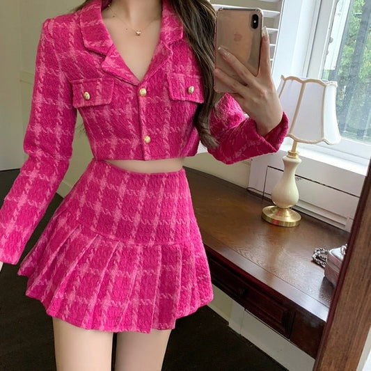 best Fall Small Fragrance Vintage Tweed Two Piece Set Women Crop Top Woolen Short Jacket Coat + Mini Skirts Sets Sweet 2 Piece Suits 0 shop online at M2K Trends for