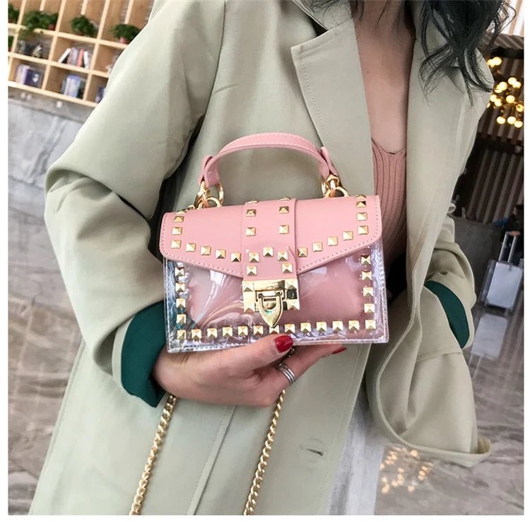best Fashion Messenger Bag Chain Female Rivets Transparent Square Pvc Handbag Clear Jelly Bag Shoulder Bag shop online at M2K Trends for