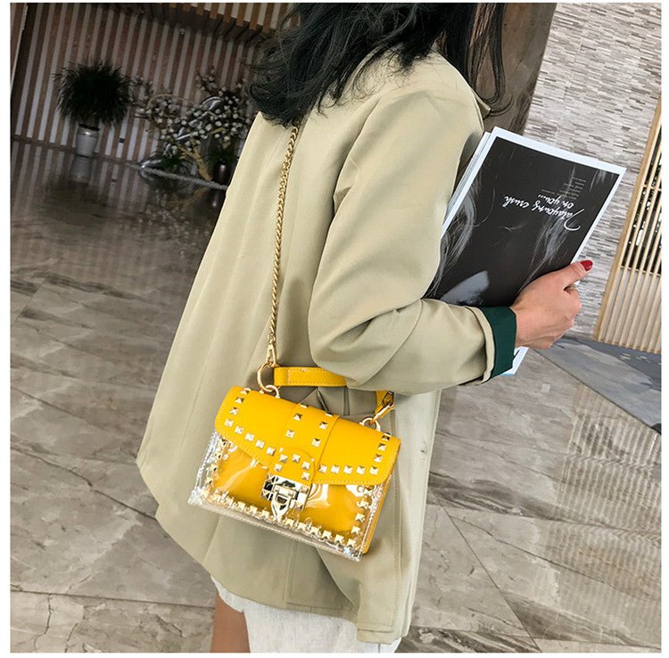 best Fashion Messenger Bag Chain Female Rivets Transparent Square Pvc Handbag Clear Jelly Bag Shoulder Bag shop online at M2K Trends for