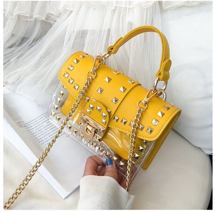 best Fashion Messenger Bag Chain Female Rivets Transparent Square Pvc Handbag Clear Jelly Bag Shoulder Bag shop online at M2K Trends for