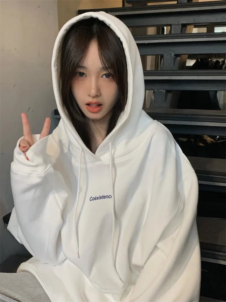 best Fashion White Hoodie Women Fleece Hooded Sweatshirt Long Sleeve Korean Letter Printed Baggy Hoodies Female Top Harajuku Pullover shop online at M2K Trends for