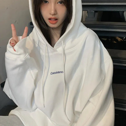 best Fashion White Hoodie Women Fleece Hooded Sweatshirt Long Sleeve Korean Letter Printed Baggy Hoodies Female Top Harajuku Pullover shop online at M2K Trends for