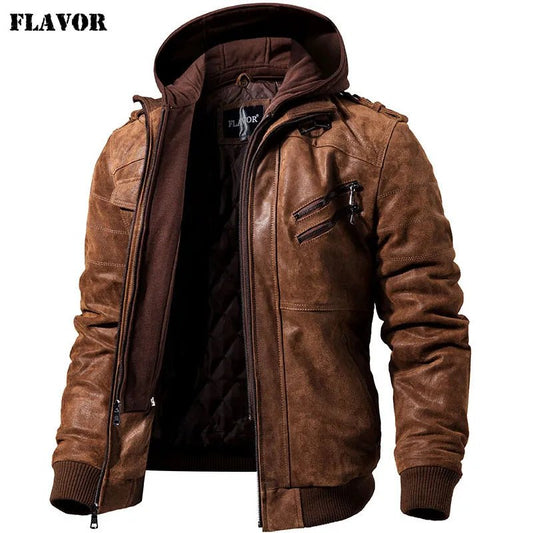 best FLAVOR Men's Real Leather Jacket Men Motorcycle Removable Hood winter coat Men Warm Genuine Leather Jackets winter jacket shop online at M2K Trends for