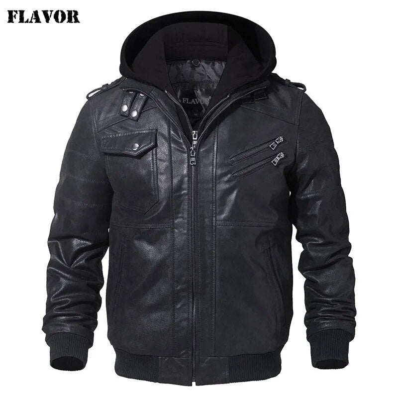 best FLAVOR Men's Real Leather Jacket Men Motorcycle Removable Hood winter coat Men Warm Genuine Leather Jackets winter jacket shop online at M2K Trends for