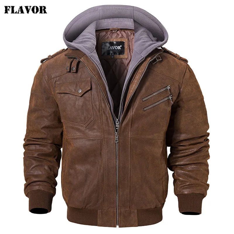 best FLAVOR Men's Real Leather Jacket Men Motorcycle Removable Hood winter coat Men Warm Genuine Leather Jackets winter jacket shop online at M2K Trends for