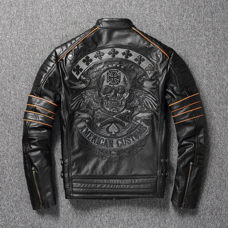 best Free shipping.Brand skull cowhide coat.Y2K black slim genuine leather jacket,Rider leather cloth.Chaqueta de cuero esqueleto shop online at M2K Trends for