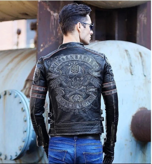 best Free shipping.Brand skull cowhide coat.Y2K black slim genuine leather jacket,Rider leather cloth.Chaqueta de cuero esqueleto shop online at M2K Trends for