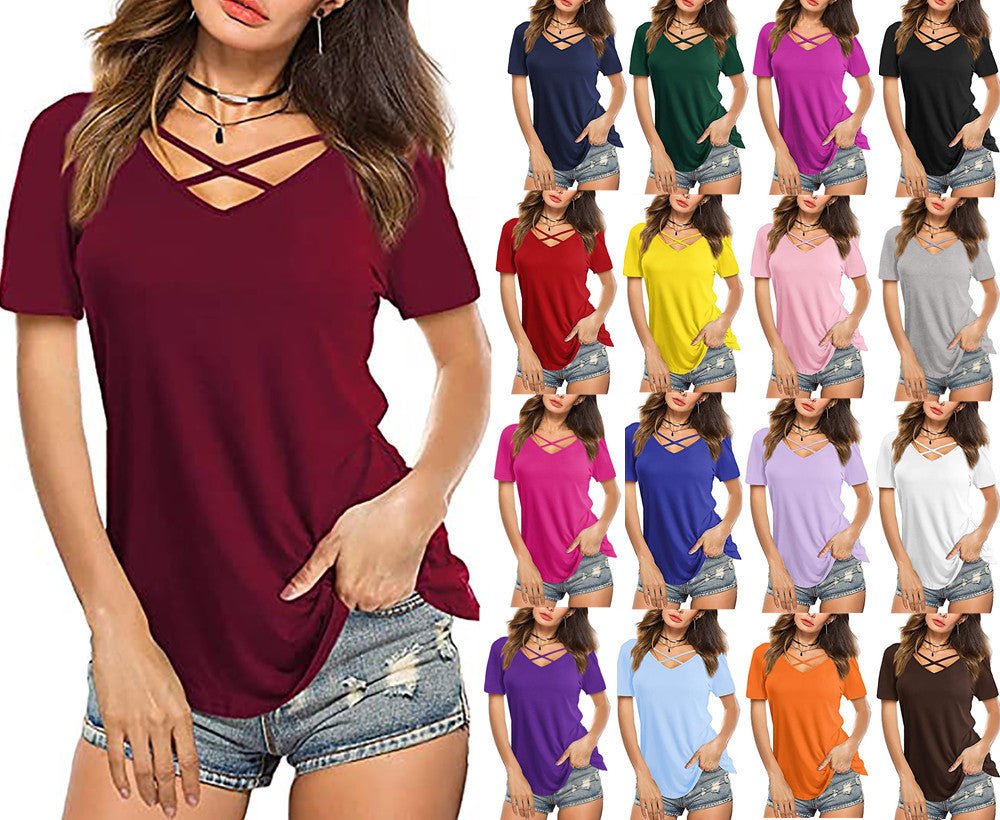 best Front Cross VNeck Short Sleeve Loose TShirt Women T-Shirt shop online at M2K Trends for