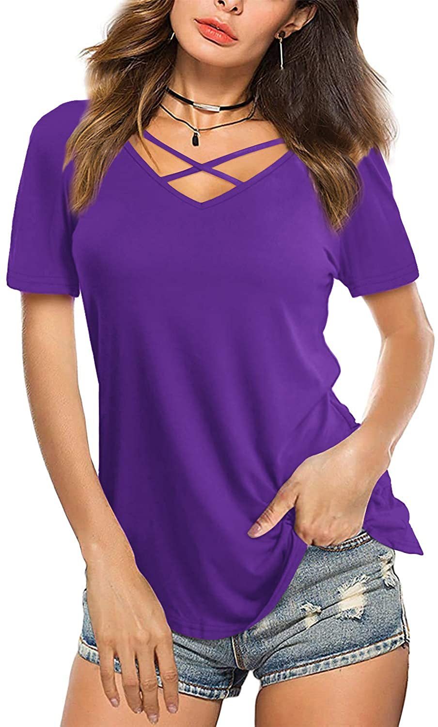 best Front Cross VNeck Short Sleeve Loose TShirt Women T-Shirt shop online at M2K Trends for